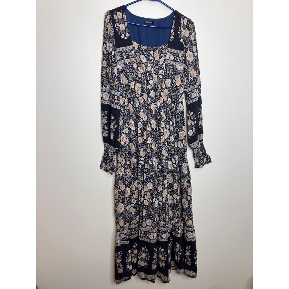 Mikarose Maxi Dress Womens Small Navy Blue Excellent Floral Smocked Long Sleeve